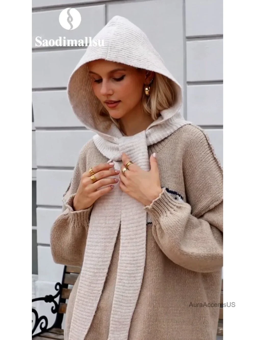 2-in-1 Knit Balaclava Beanie Hooded Scarf Neck Warmer Winter Hat